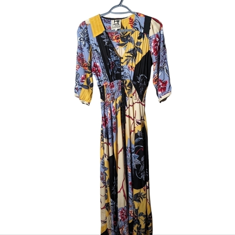 Jasse Indiana Maxi Alma Print Dress Smocked Button Front Size Small Boho